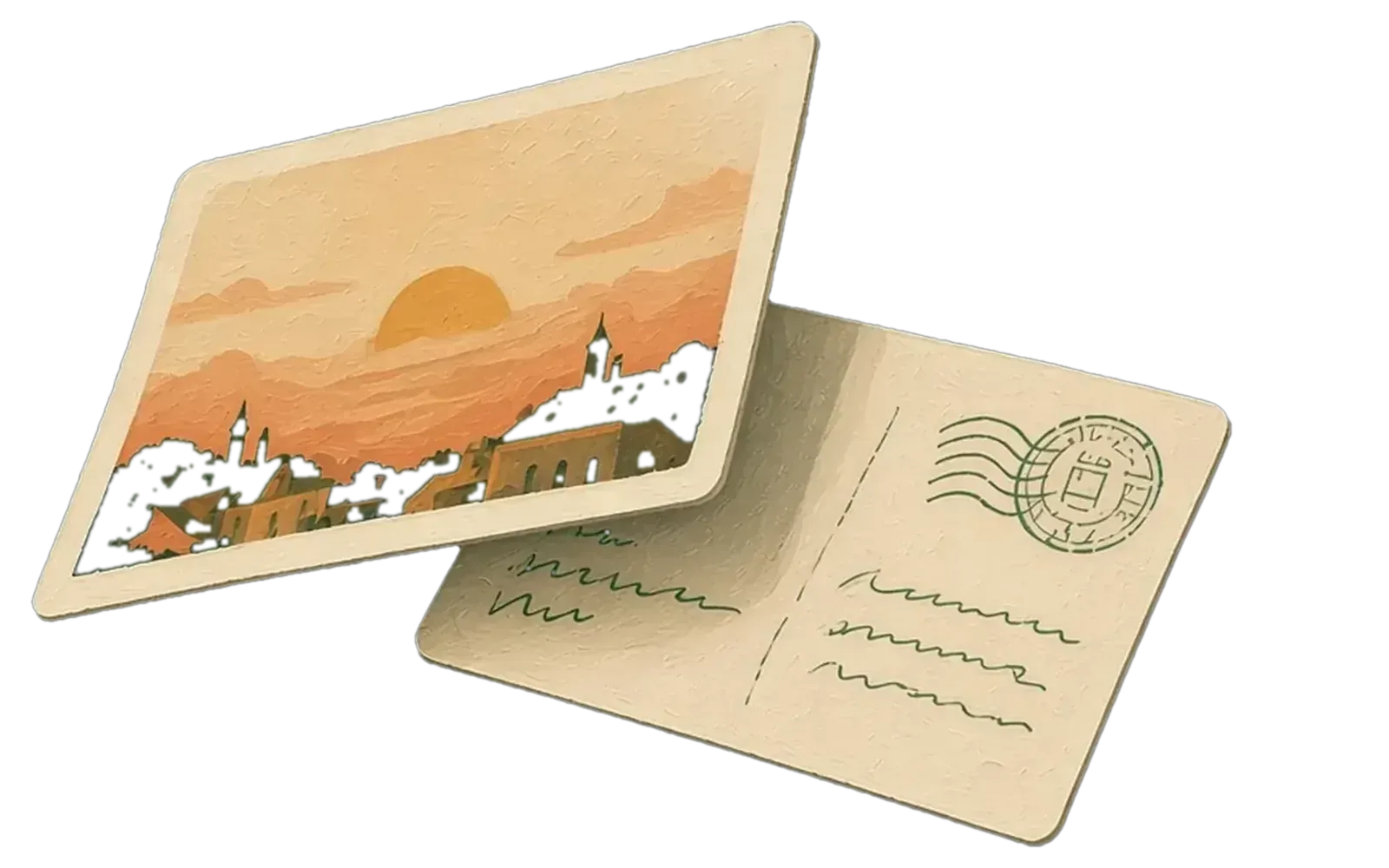 A painted postcard flipping mid-air, picture on one side, writing and postmark on the other